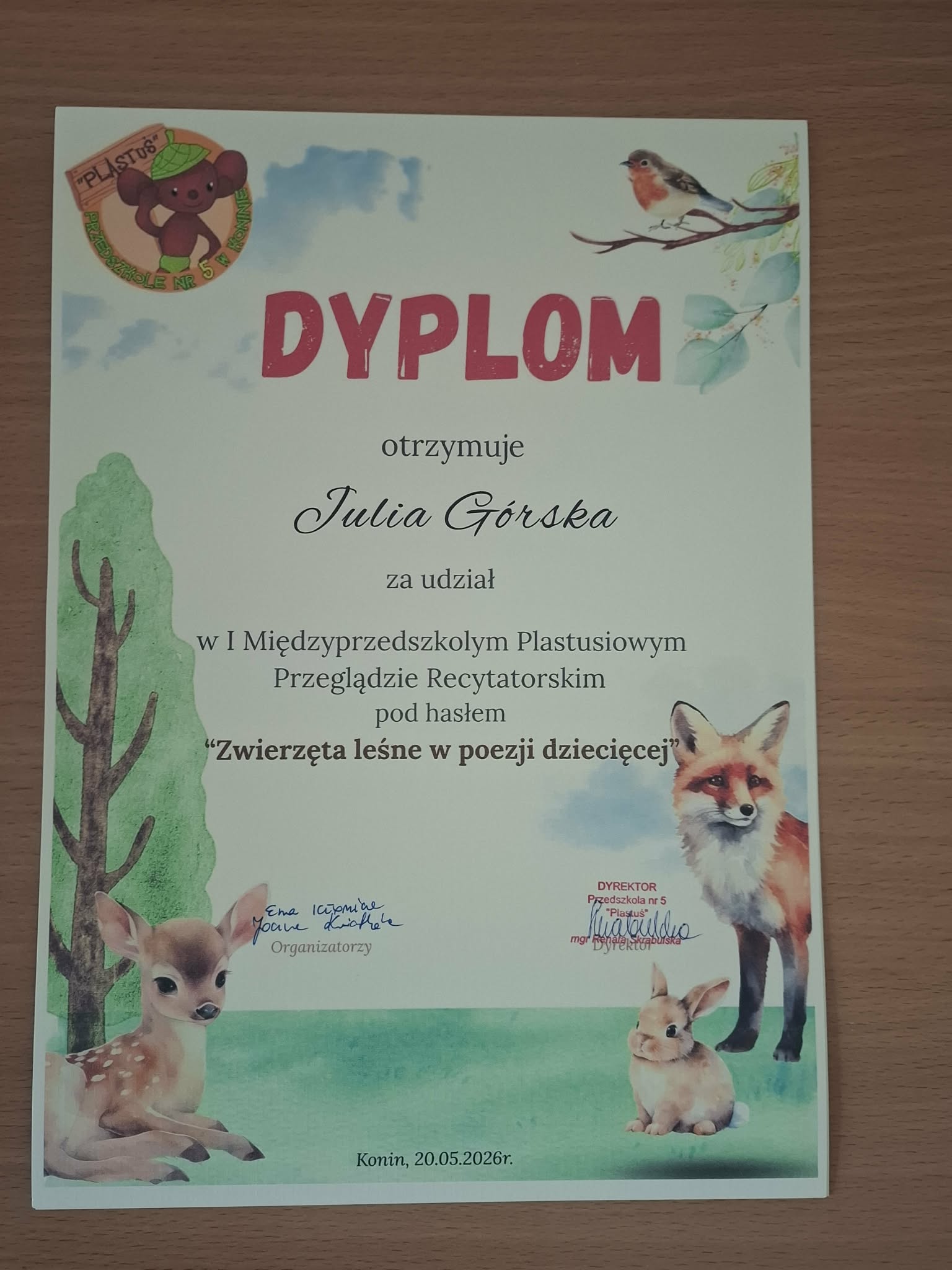 Dyplom za udział w konkursie recytatorskim